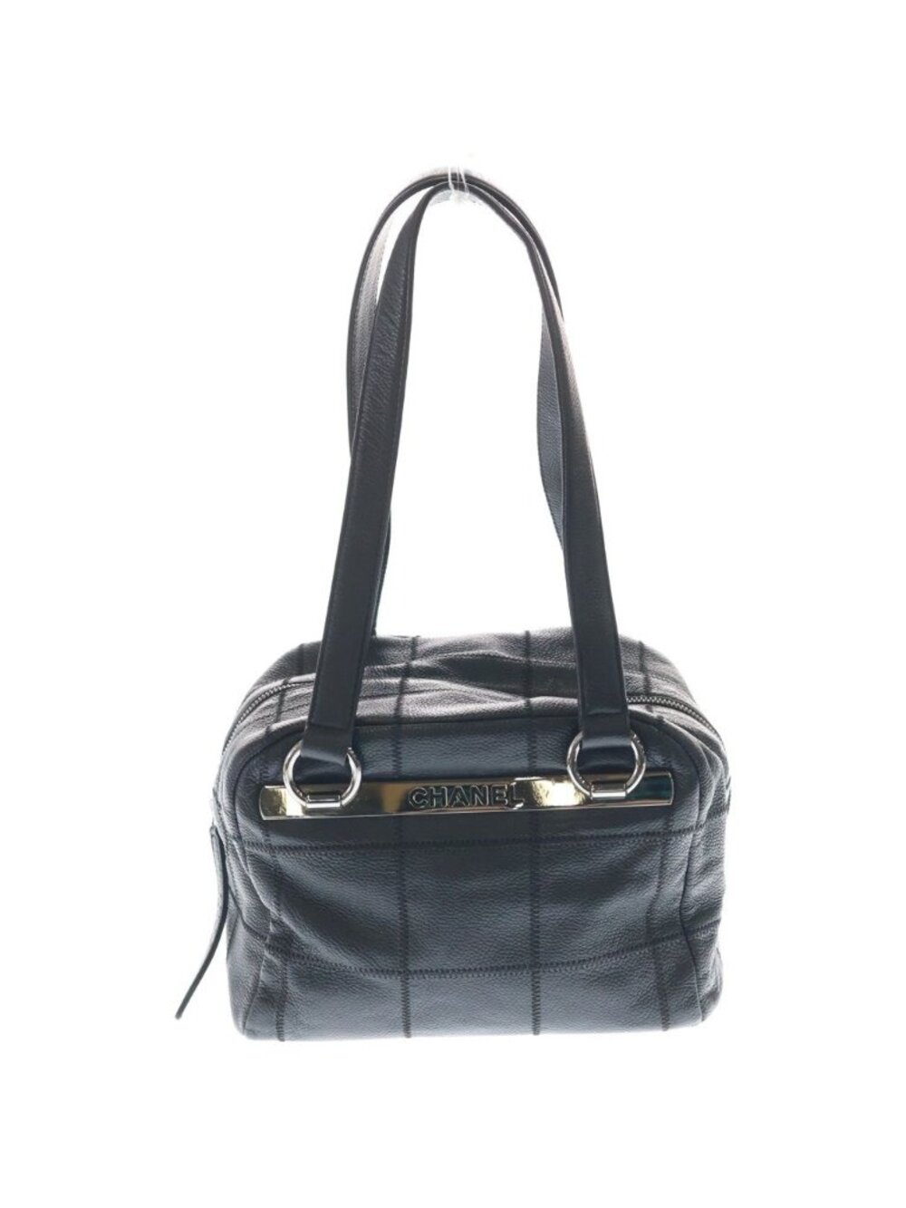 Chanel Choco Bar Leather Mini Boston Handbag Silver Black